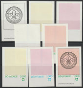 Iso - Sweden 1982 75th Anniversary of Scouting imperf deluxe sheet (1000 value) - the set of 8 imperf progressive proofs comprising the 4 individual colours, 2, 3 & all 4 colour composites unmounted mint