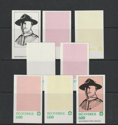 Iso - Sweden 1982 75th Anniversary of Scouting imperf souvenir sheet (600 value) - the set of 8 imperf progressive proofs comprising the 4 individual colours, 2, 3 & all 4 colour composites unmounted mint