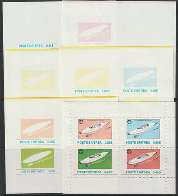 Eritrea 1982 75th Anniversary of Scouting sheet of 4 values - part set of 5 imperf progressive proofs comprising 3 individual colours, 2 & 3 colour composites plus the perforated issued sheet, all unmounted mint