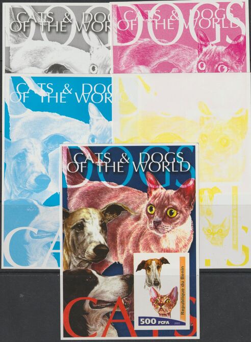 Benin 2003 Cats & Dogs of the World set of 5 imperf progressive colour proofs comprising the 4 basic colours plus all 4-colour composite unmounted mint