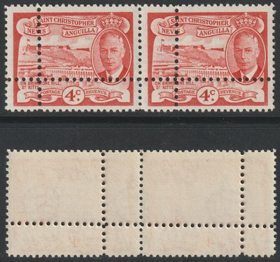 St Kitts-Nevis 1952 KG6 Full Face 4c (SG97) horiz pair,with forged doubled perfs (stamps are quartered) unmounted mint. Note: the stamps are genuine but the additional perfs are a slightly different gauge identifying it to be a forgery.