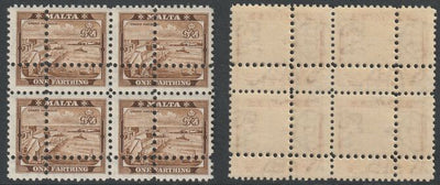 Malta 1938 KG6 Grand Harnour 1/4d (SG217) block of 4 with forged doubled perfs (stamps are quartered) unmounted mint. Note: the stamps are genuine but the additional perfs are a slightly different gauge identifying it to be a forgery.