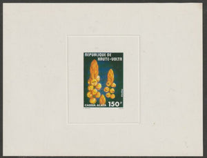 Upper Volta 1977 Fruits & Flowers 150f Cassia alata imperf die proof in issued colours on sunken card, as SG 442