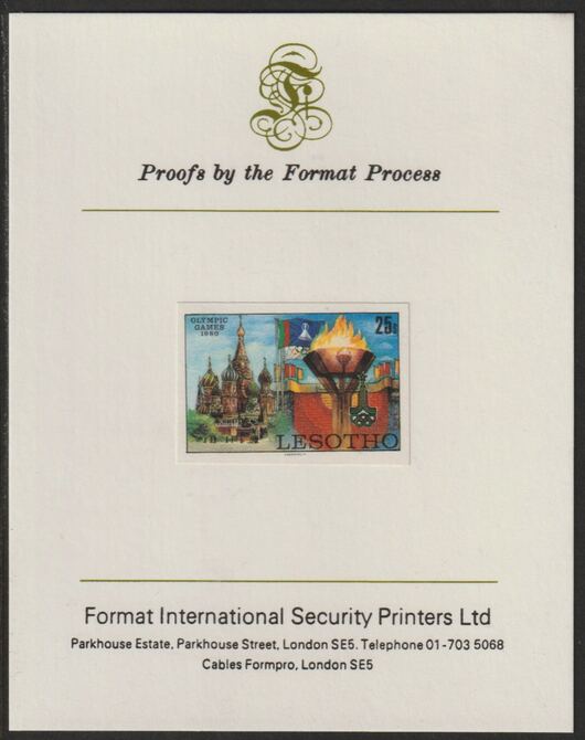 Lesotho 1980 Moscow Olympic Games 25s Flame, Rings & Kremlin imperf proof mounted on Format International proof card (as SG 392)