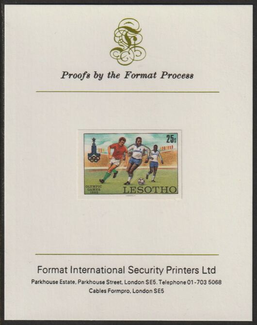 Lesotho 1980 Moscow Olympic Games 25s Football imperf proof mounted on Format International proof card (as SG 394)