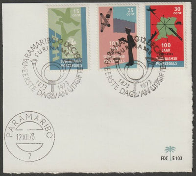 Surinam 1973 Stamp Centenary set of 3 on piece with first day cancels SG 762-64