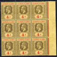 Leeward Islands 1912-22 KG5 4d MCA marginal block of 9 light toning but unmounted mint, SG 52
