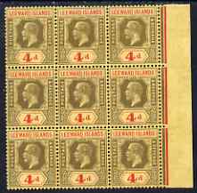 Leeward Islands 1912-22 KG5 4d MCA marginal block of 9 light toning but unmounted mint, SG 52