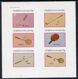 Staffa 1982 Sports Accessories (Hockey, Golf, Table-Tennis, Squash etc) imperf set of 6 values (15p to 75p) unmounted mint