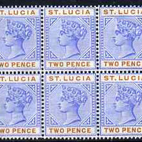 St Lucia 1891-98 QV 2d blue & orange block of 6 unmounted mint but two stamps affected by crease and some ink offset on 3 stamps, SG 45