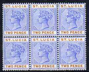 St Lucia 1891-98 QV 2d blue & orange block of 6 unmounted mint but two stamps affected by crease and some ink offset on 3 stamps, SG 45