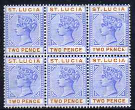 St Lucia 1891-98 QV 2d blue & orange block of 6 unmounted mint but two stamps affected by crease and some ink offset on 3 stamps, SG 45