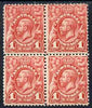 Australia 1913-14 KG5 Head 1d block of 4, one stamp with vert line through flowers at right, unmounted mint,SG17var