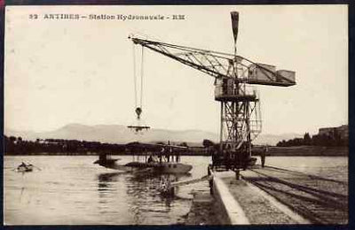 Postcard - Antibes sepia card used to,London showing Flying Boat with Crane (Station Hydronavale)