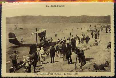 Postcard - La Cot-D'Azur unused sepia card showing seaplane on beach (Juan les Pins, la Plage)