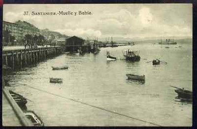 Postcard - Santander unused black & white card showing Sea Plane in harbour