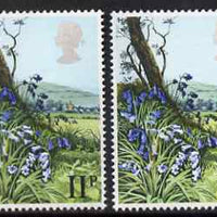 Great Britain 1979 Spring Wild Flowers 11p Bluebell with Queen's head shifted 2mm to left (plus normal, both unmounted mint SG 1081var