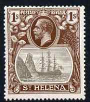 St Helena 1922-37 KG5 Badge Script 1s single with variety 'Cleft rock' (stamp 49) fine mtd mint but repaired tear lower left, SG 106c cat £225 as fine
