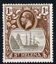 St Helena 1922-37 KG5 Badge Script 1s single with variety 'Cleft rock' (stamp 49) fine mtd mint but repaired tear lower left, SG 106c cat £225 as fine
