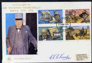 Isle of Man 1974 Churchill Centenary perf set of 4 on illustrated cover with first day cancel signed by G V H Kneale, the designer of the stamps