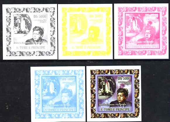 St Thomas & Prince Islands 2008 50th Anniversary of NASA individual deluxe sheet #1 (Kennedy) the set of 5 imperf progressive proofs comprising the 4 individual colours plus all 4-colour composite, unmounted mint