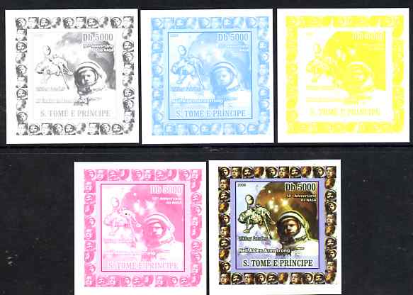 St Thomas & Prince Islands 2008 50th Anniversary of NASA individual deluxe sheet #2 (Armstrong) the set of 5 imperf progressive proofs comprising the 4 individual colours plus all 4-colour composite, unmounted mint