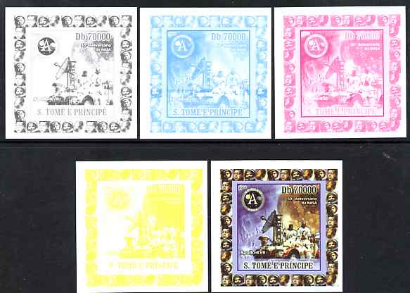St Thomas & Prince Islands 2008 50th Anniversary of NASA individual deluxe sheet #3 (Apollo 17) the set of 5 imperf progressive proofs comprising the 4 individual colours plus all 4-colour composite, unmounted mint