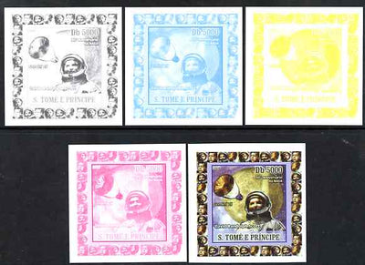 St Thomas & Prince Islands 2008 50th Anniversary of NASA individual deluxe sheet #4 (Scott) the set of 5 imperf progressive proofs comprising the 4 individual colours plus all 4-colour composite, unmounted mint