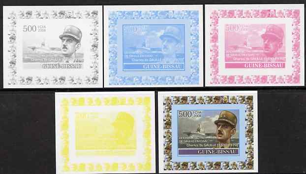 Guinea - Bissau 2008 Charles de Gaulle 500f individual deluxe sheet - the set of 5 imperf progressive proofs comprising the 4 individual colours plus all 4-colour composite, unmounted mint