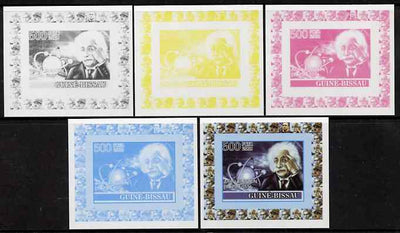 Guinea - Bissau 2008 Albert Einstein 500f individual deluxe sheet #2 with TGV Train - the set of 5 imperf progressive proofs comprising the 4 individual colours plus all 4-colour composite, unmounted mint