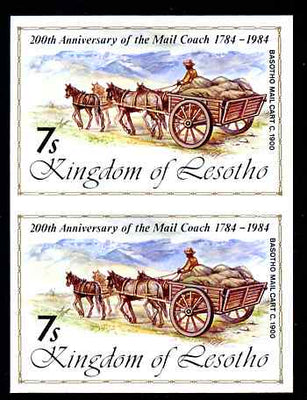 Lesotho 1984 Basuto Mail Cart 7s (from 'Ausipex' Stamp Exhibition set) imperf pair unmounted mint as SG 600