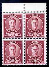 Great Britain 1937 KG6 Waterlow full-face undenominated essay in claret, perf block of 4 unmounted mint