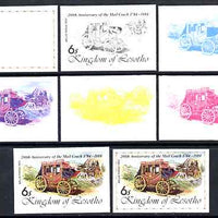 Lesotho 1984 Wells Fargo Coach 6s (from 'Ausipex' Stamp Exhibition set) the set of 8 imperf progressive proofs comprising the 5 individual colours plus 2, 4 and all 5-colour composites, scarce with only 28 proof sets believed to exist, as SG 599