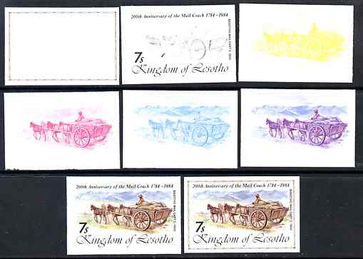 Lesotho 1984 Basuto Mail Cart 7s (from 'Ausipex' Stamp Exhibition set) the set of 8 imperf progressive proofs comprising the 5 individual colours plus 2, 4 and all 5-colour composites, scarce with only 28 proof sets believed to exist, as SG 600