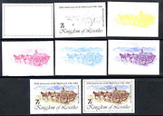 Lesotho 1984 Basuto Mail Cart 7s (from 'Ausipex' Stamp Exhibition set) the set of 8 imperf progressive proofs comprising the 5 individual colours plus 2, 4 and all 5-colour composites, scarce with only 28 proof sets believed to exist, as SG 600