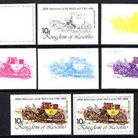 Lesotho 1984 Bath Mail Coach 10s (from 'Ausipex' Stamp Exhibition set) the set of 8 imperf progressive proofs comprising the 5 individual colours plus 2, 4 and all 5-colour composites, scarce with only 28 proof sets believed to exist, as SG 601