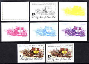 Lesotho 1984 Bath Mail Coach 10s (from 'Ausipex' Stamp Exhibition set) the set of 8 imperf progressive proofs comprising the 5 individual colours plus 2, 4 and all 5-colour composites, scarce with only 28 proof sets believed to exist, as SG 601