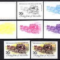 Lesotho 1984 Cobb Coach 30s (from 'Ausipex' Stamp Exhibition set) the set of 8 imperf progressive proofs comprising the 5 individual colours plus 2, 4 and all 5-colour composites, scarce with only 28 proof sets believed to exist, as SG 602