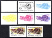 Lesotho 1984 Cobb Coach 30s (from 'Ausipex' Stamp Exhibition set) the set of 8 imperf progressive proofs comprising the 5 individual colours plus 2, 4 and all 5-colour composites, scarce with only 28 proof sets believed to exist, as SG 602
