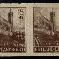 Estonia - German Occupation 1941 Long Hermann Tower 15+15 (k) sepia from Reconstruction set, imperf pair on ungummed paper, as SG 6