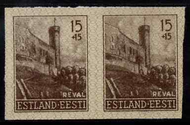 Estonia - German Occupation 1941 Long Hermann Tower 15+15 (k) sepia from Reconstruction set, imperf pair on ungummed paper, as SG 6