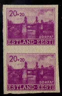 Estonia - German Occupation 1941 Stone Bridge 20+20 (k) bright purple from Reconstruction set, imperf pair on ungummed paper, as SG 7