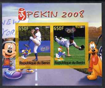 Benin 2007 Beijing Olympic Games #09 - Baseball (3) imperf s/sheet containing 2 values (Disney characters in background) unmounted mint. Note this item is privately produced and is offered purely on its thematic appeal