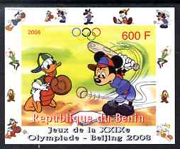 Benin 2008 Disney Characters playing Baseball #01 individual imperf deluxe sheet with Olympic Rings unmounted mint. Note this item is privately produced and is offered purely on its thematic appeal