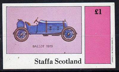 Staffa 1982 Early Racing Cars (Ballot) imperf souvenir sheet (£1 value) unmounted mint