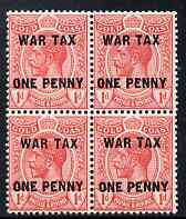 Gold Coast 1918 War Tax KG5 1d on 1d red unmounted mint block of 4 SG 85
