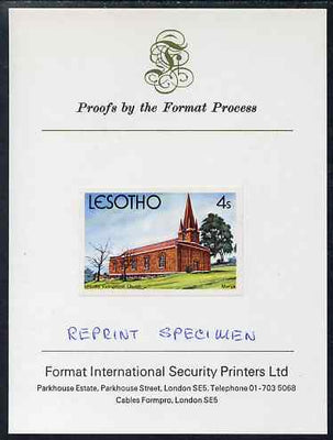 Lesotho 1980 Christmas 4s Evangelical Church imperf proof mounted on Format International Proof card and notated REPRINT SPECIMEN rare thus, as SG 426 (Note Format & Harrisons shared the contract for this issue, this particular va……Details Below