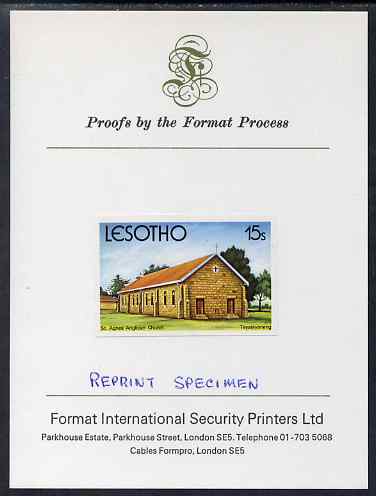 Lesotho 1980 Christmas 15s St Agnes' Anglican Church imperf proof mounted on Format International Proof card and notated REPRINT SPECIMEN rare thus, as SG 427 (Note Format & Harrisons shared the contract for this issue, this parti……Details Below