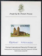 Lesotho 1980 Christmas 25s Our Lady's Victory Cathedral imperf proof mounted on Format International Proof card and notated REPRINT SPECIMEN rare thus, as SG 428 (Note Format & Harrisons shared the contract for this issue, this pa……Details Below