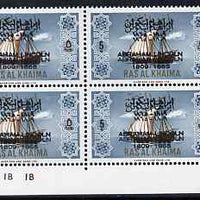 Ras Al Khaima 1965 Ships 5r with Abraham Lincoln overprint doubled, unmounted mint plate block of 4, SG 20var